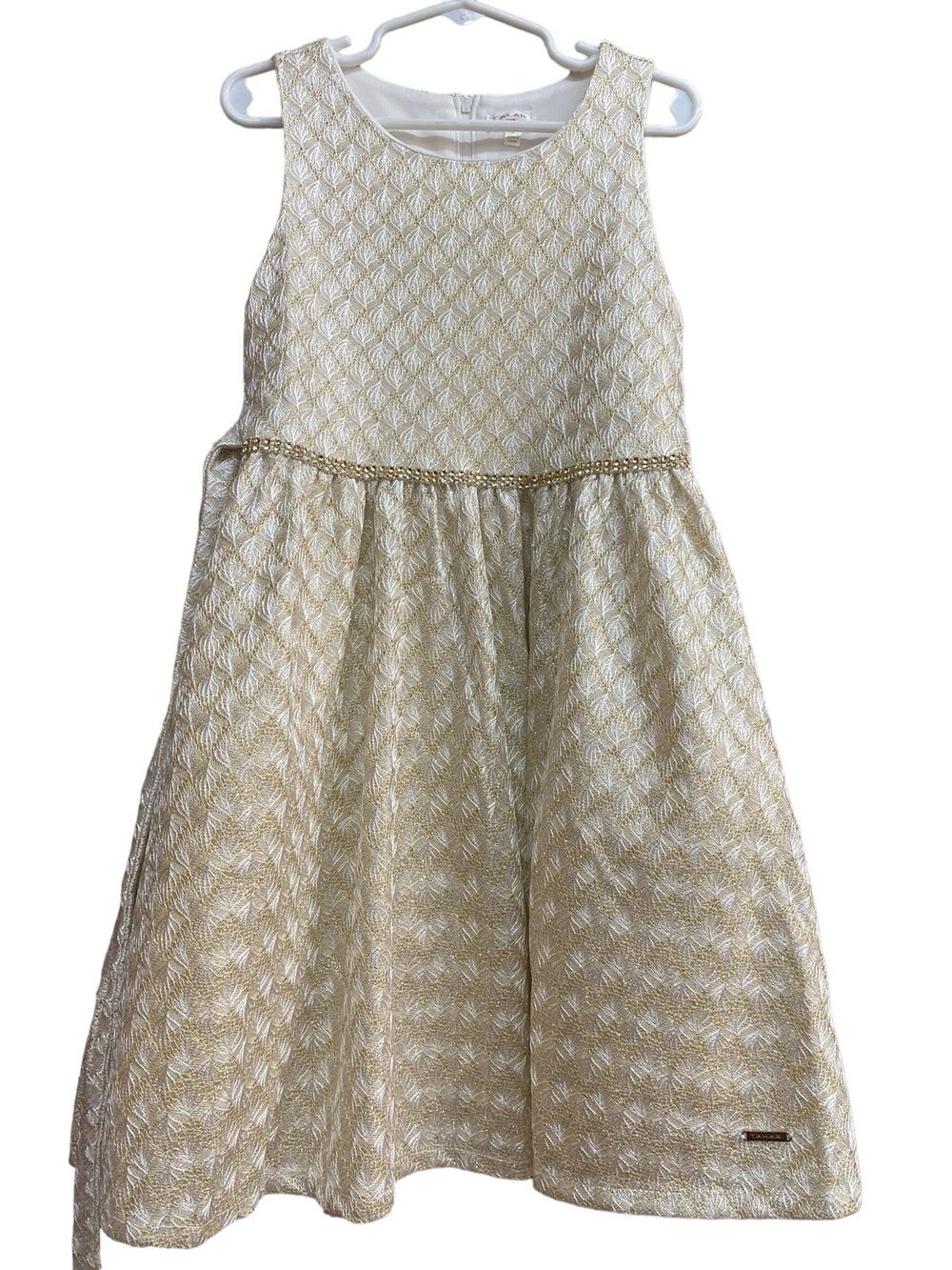 Tahari Girls Fit and Flare Dress Size 6 Gold White Tinsel Wedding Party Holiday